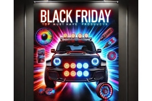 A sleek promotional banner featuring vibrant RGB lighting effects with the text 'Top 5 Must Have Products' displayed prominently at the top. The design emphasizes modern and innovative automotive lighting solutions from Flashtech Lighting, with no additio