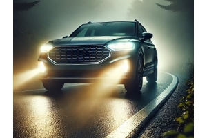 Modern car with bright fog lights cutting through dense fog on a curving road, emphasizing improved visibility and safety in poor weather conditions.