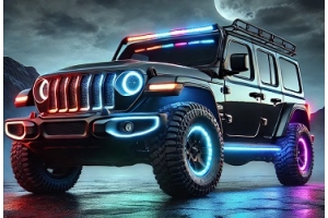 Black off-road Jeep Wrangler with vibrant RGB LED lighting on wheels, grille, and roof, showcased under a moonlit sky on a rugged terrain.