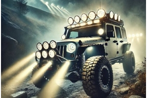 Off-road vehicle equipped with powerful Flashtech LED lightbars and pod lights, driving through rugged terrain at night with bright illumination showcasing durability and performance in harsh conditions.