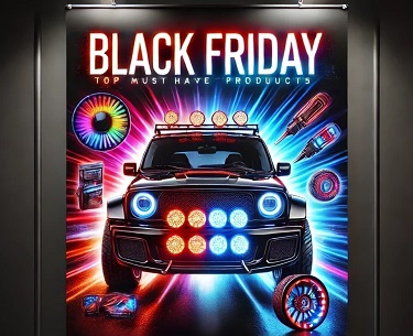 A sleek promotional banner featuring vibrant RGB lighting effects with the text 'Top 5 Must Have Products' displayed prominently at the top. The design emphasizes modern and innovative automotive lighting solutions from Flashtech Lighting, with no additio