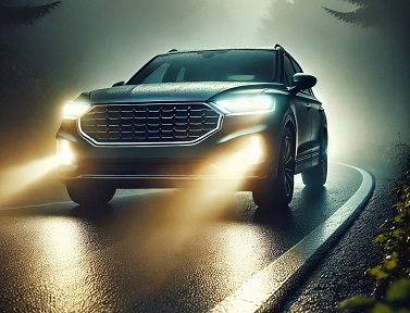 Modern car with bright fog lights cutting through dense fog on a curving road, emphasizing improved visibility and safety in poor weather conditions.