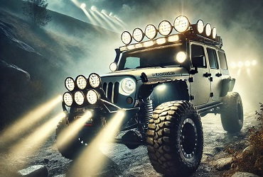 Off-road vehicle equipped with powerful Flashtech LED lightbars and pod lights, driving through rugged terrain at night with bright illumination showcasing durability and performance in harsh conditions.